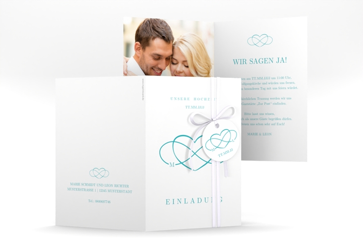 Einladungskarte Hochzeit Infinity A6 Klappkarte hoch tuerkis