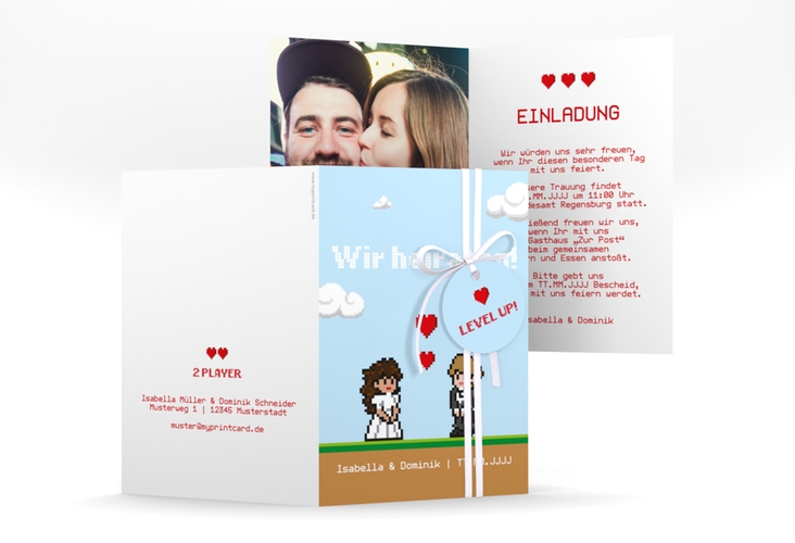 Einladungskarte Hochzeit Pixel A6 Klappkarte hoch bunt