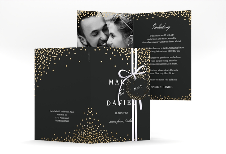 Einladungskarte Hochzeit Glitter A6 Klappkarte hoch schwarz