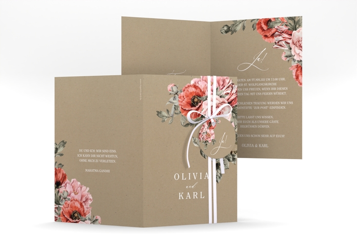 Einladungskarte Hochzeit Grazioso A6 Klappkarte hoch Kraftpapier modern mit Mohnblumen und Rosen