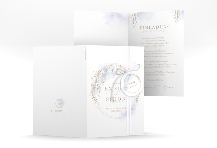 Einladungskarte Hochzeit Wisteria A6 Klappkarte hoch mit Blumenbogen aus Blauregen