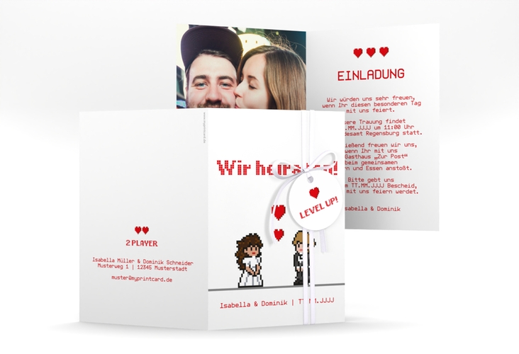 Einladungskarte Hochzeit Pixel A6 Klappkarte hoch weiss