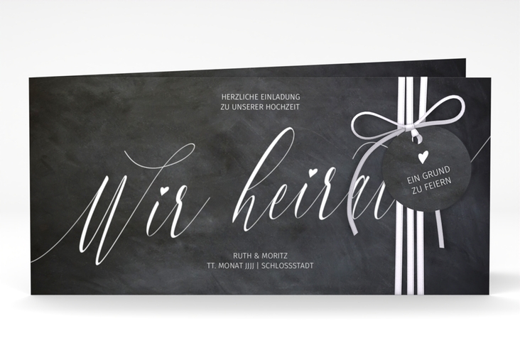 Hochzeitseinladung Chalkboard lange Klappkarte quer schwarz mit Folienveredelung