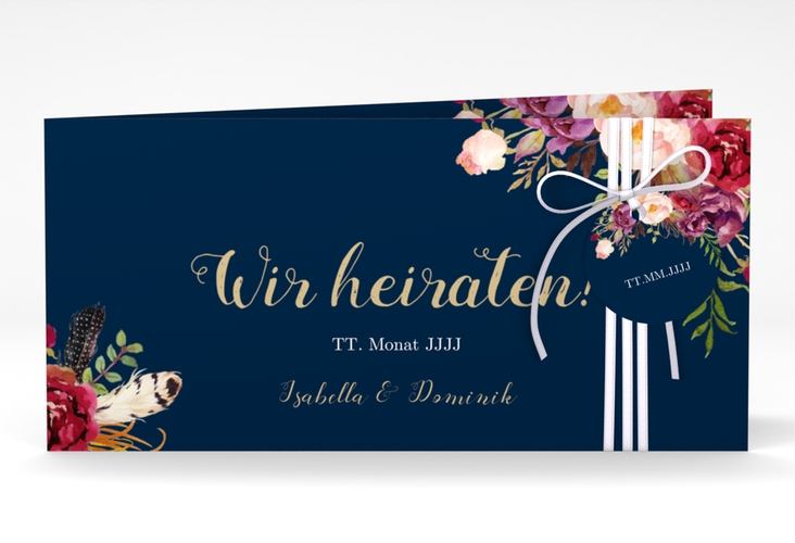 Hochzeitseinladung Flowers lange Klappkarte quer blau mit bunten Aquarell-Blumen