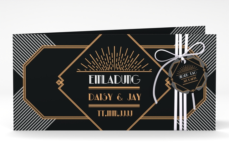 Hochzeitseinladung Gatsby lange Klappkarte quer schwarz hochglanz im glamourösen Jugendstil-Design