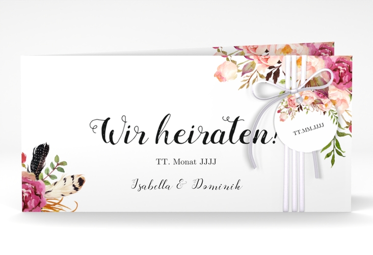 Hochzeitseinladung Flowers lange Klappkarte quer weiss mit bunten Aquarell-Blumen