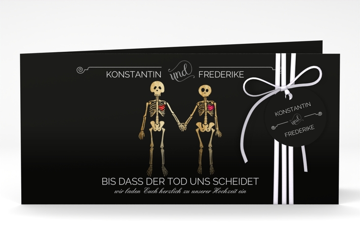 Hochzeitseinladung Bones lange Klappkarte quer schwarz hochglanz