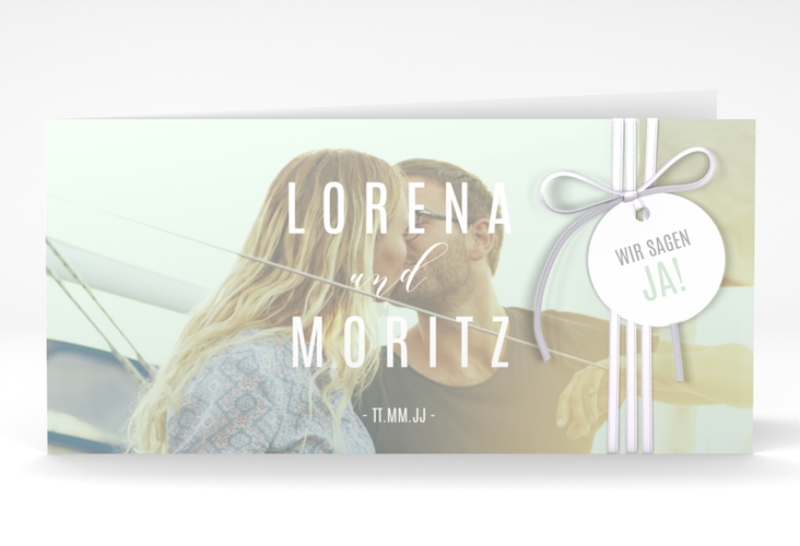 Hochzeitseinladung Memory lange Klappkarte quer mint