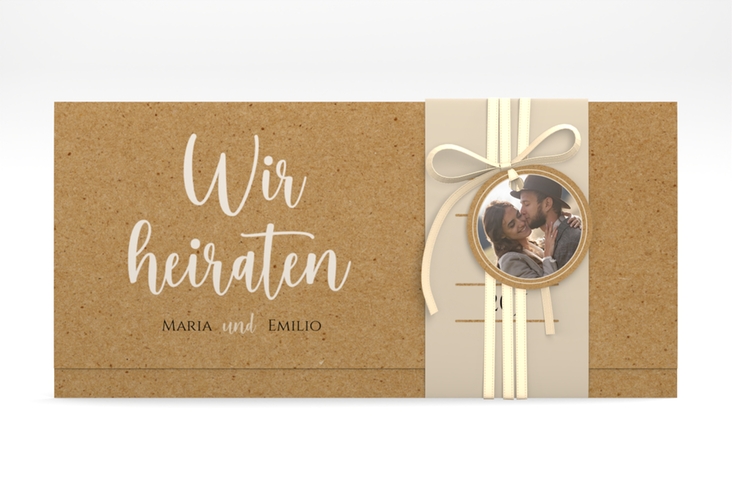 Hochzeitseinladung Noble Wickelfalzkarte + Banderole Kraftpapier mit elegantem Schriftzug