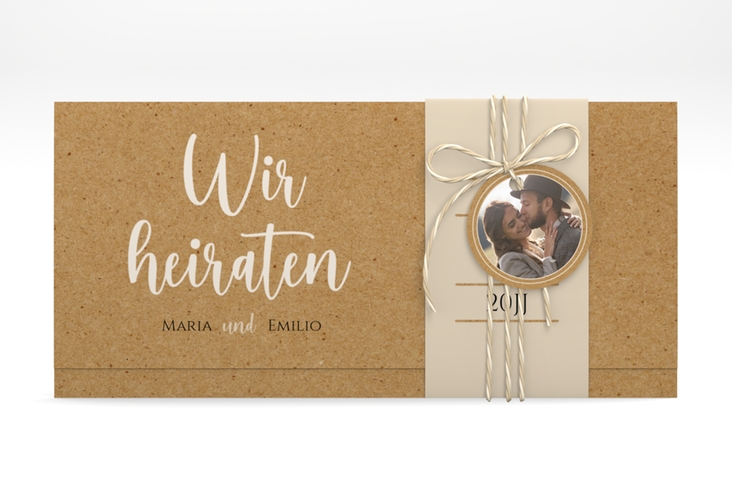 Hochzeitseinladung Noble Wickelfalzkarte + Banderole Kraftpapier mit elegantem Schriftzug