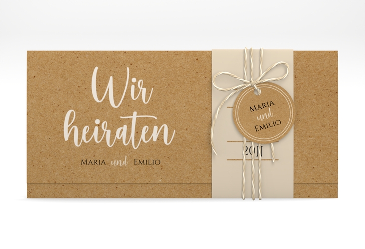 Hochzeitseinladung Noble Wickelfalzkarte + Banderole Kraftpapier mit elegantem Schriftzug