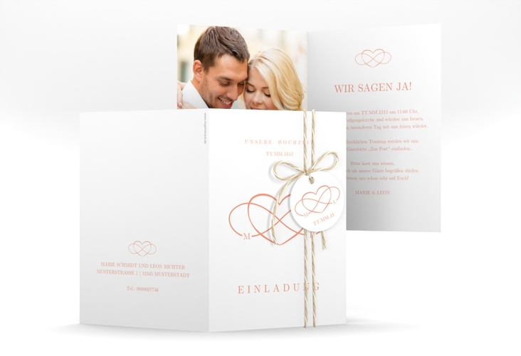 Einladungskarte Hochzeit Infinity A6 Klappkarte hoch apricot