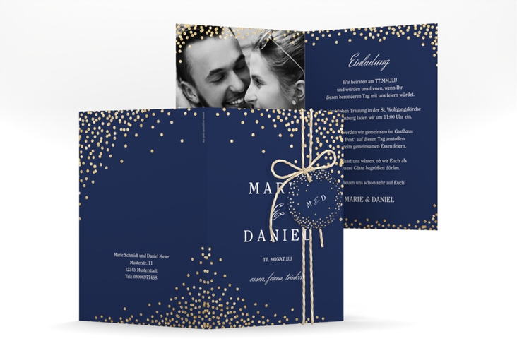 Einladungskarte Hochzeit Glitter A6 Klappkarte hoch blau hochglanz