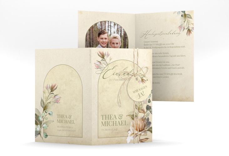 Einladungskarte Hochzeit Dornröschen A6 Klappkarte hoch beige hochglanz mit Aquarell-Rosen im Vintage-Look