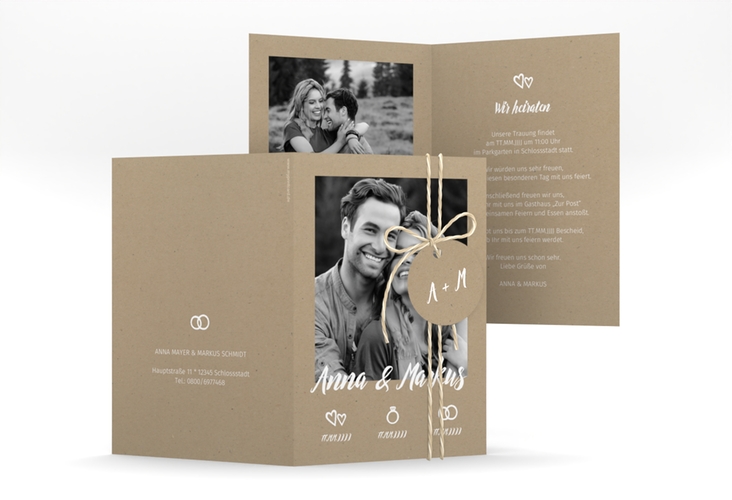 Einladungskarte Hochzeit Icons A6 Klappkarte hoch im Kraftpapier-Look mit Foto