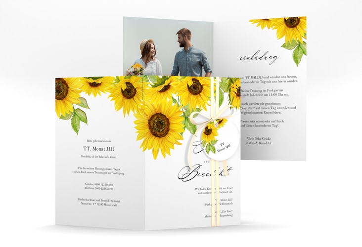 Einladungskarte Hochzeit Sonnenblume A6 Klappkarte hoch weiss hochglanz mit Blüten in Gelb