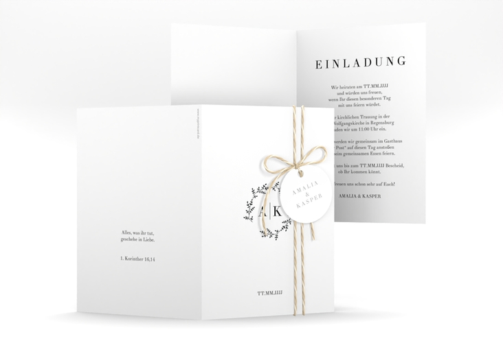 Einladungskarte Hochzeit Filigrana A6 Klappkarte hoch in reduziertem Design mit Initialen und zartem Blätterkranz