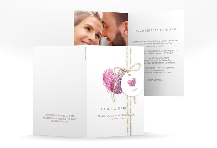 Einladungskarte Hochzeit Fingerprint A6 Klappkarte hoch pink hochglanz schlicht mit Fingerabdruck-Motiv