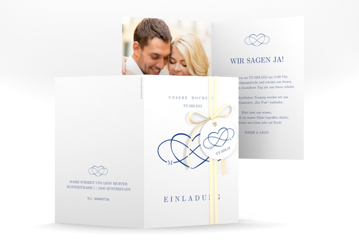 Einladungskarte Hochzeit Infinity A6 Klappkarte hoch blau