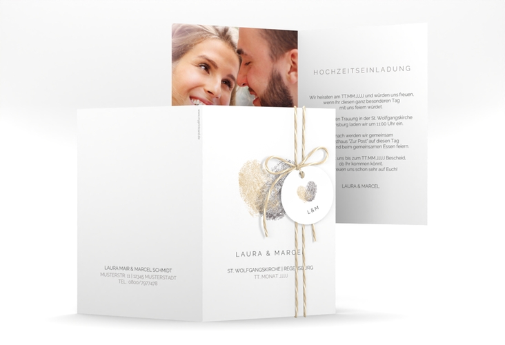 Einladungskarte Hochzeit Fingerprint A6 Klappkarte hoch beige schlicht mit Fingerabdruck-Motiv