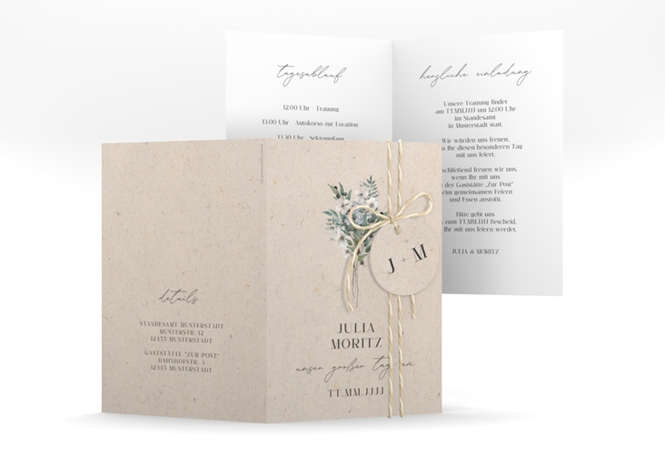 Einladungskarte Hochzeit Sträußchen A6 Klappkarte hoch Kraftpapier hochglanz mit kleinem Blumenbouquet im Nostalgie-Design