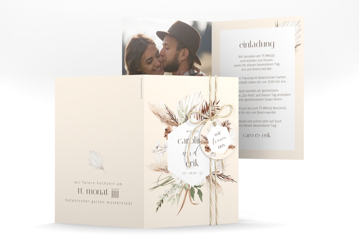 Einladungskarte Hochzeit Bohemian A6 Klappkarte hoch hochglanz mit Gräsern und Trockenblumen für Boho-Hochzeit