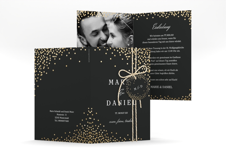 Einladungskarte Hochzeit Glitter A6 Klappkarte hoch schwarz