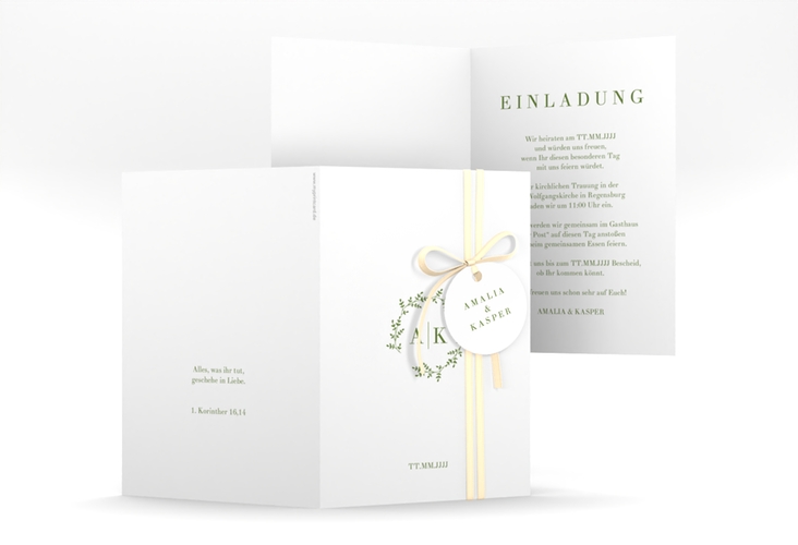 Einladungskarte Hochzeit Filigrana A6 Klappkarte hoch gruen in reduziertem Design mit Initialen und zartem Blätterkranz