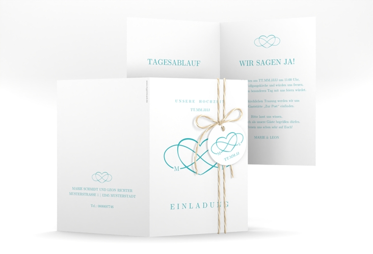 Einladungskarte Hochzeit Infinity A6 Klappkarte hoch tuerkis