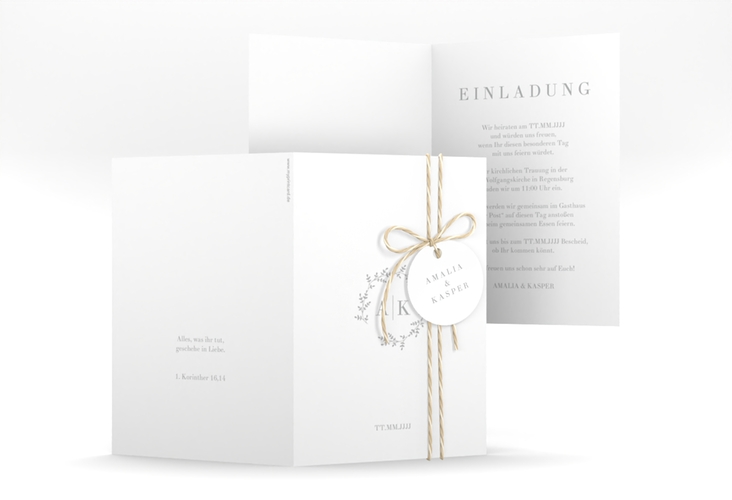 Einladungskarte Hochzeit Filigrana A6 Klappkarte hoch grau in reduziertem Design mit Initialen und zartem Blätterkranz