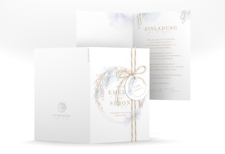 Einladungskarte Hochzeit Wisteria A6 Klappkarte hoch hochglanz mit Blumenbogen aus Blauregen