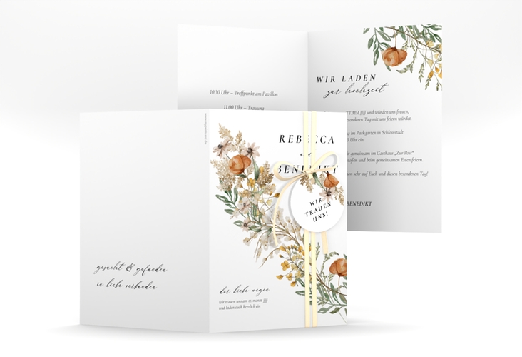 Einladungskarte Hochzeit Wildfang A6 Klappkarte hoch weiss hochglanz mit getrockneten Wiesenblumen