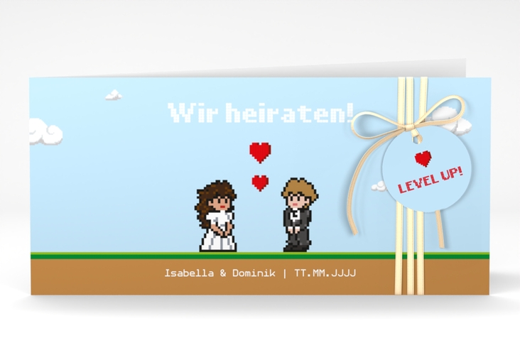 Hochzeitseinladung Pixel lange Klappkarte quer bunt