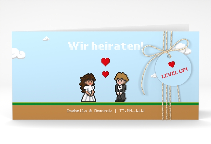 Hochzeitseinladung Pixel lange Klappkarte quer bunt