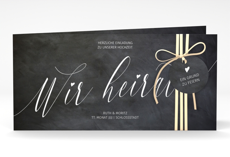 Hochzeitseinladung Chalkboard lange Klappkarte quer schwarz mit Folienveredelung