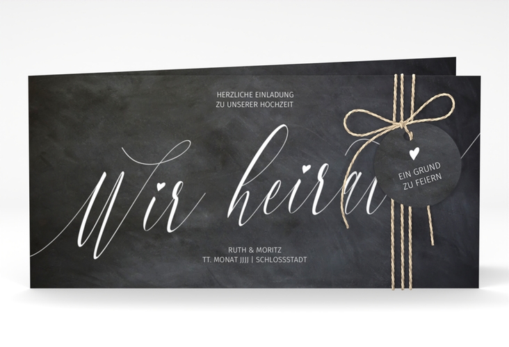 Hochzeitseinladung Chalkboard lange Klappkarte quer schwarz mit Folienveredelung