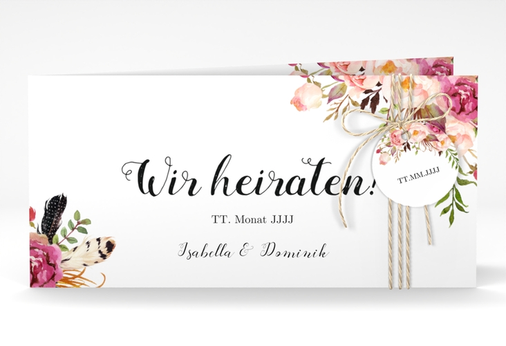 Hochzeitseinladung Flowers lange Klappkarte quer weiss mit bunten Aquarell-Blumen