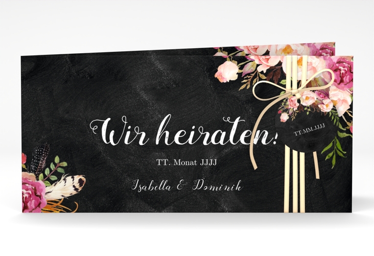 Hochzeitseinladung Flowers lange Klappkarte quer mit bunten Aquarell-Blumen