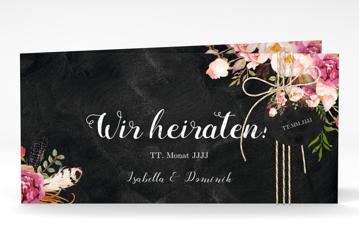 Hochzeitseinladung Flowers lange Klappkarte quer mit bunten Aquarell-Blumen