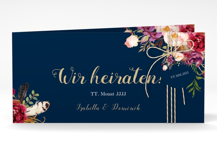 Hochzeitseinladung Flowers lange Klappkarte quer blau mit bunten Aquarell-Blumen