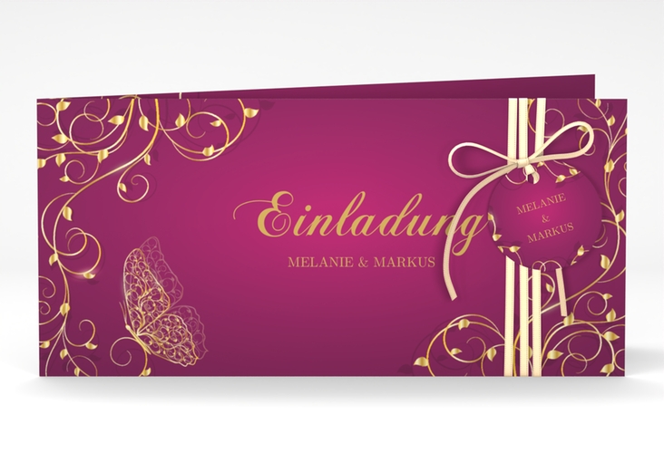 Hochzeitseinladung Eternity lange Klappkarte quer pink