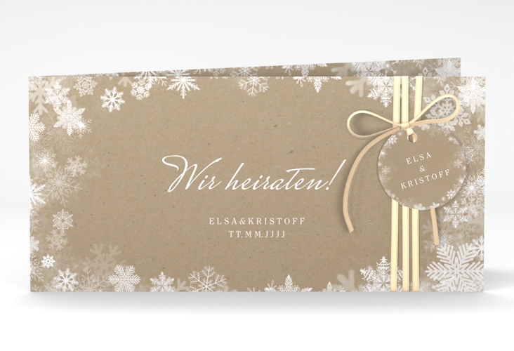 Hochzeitseinladung Snowfall lange Klappkarte quer Kraftpapier mit Schneeflocken für Winterhochzeit