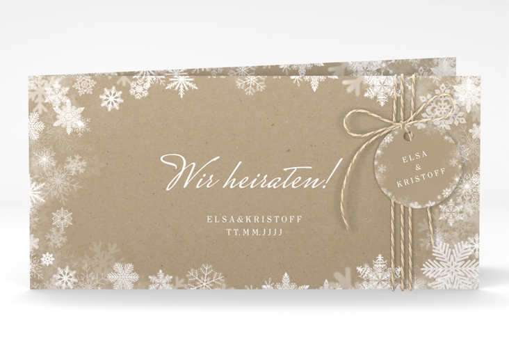 Hochzeitseinladung Snowfall lange Klappkarte quer Kraftpapier mit Schneeflocken für Winterhochzeit