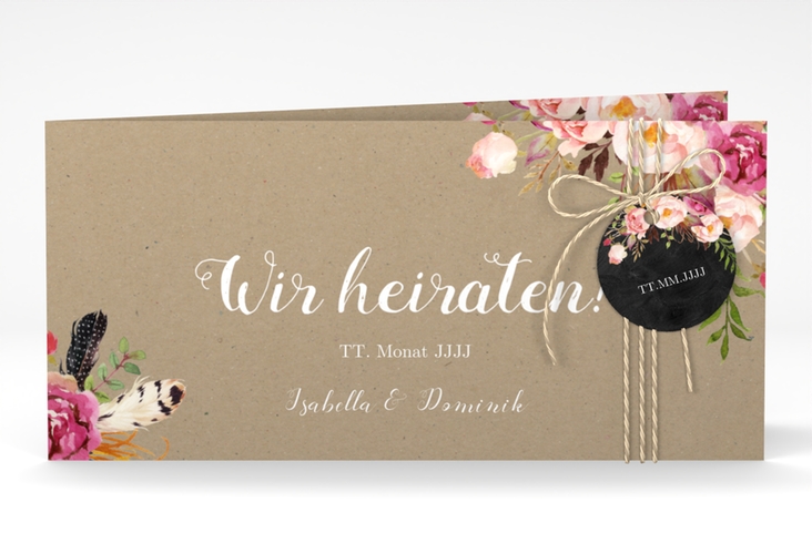 Hochzeitseinladung Flowers lange Klappkarte quer Kraftpapier mit bunten Aquarell-Blumen