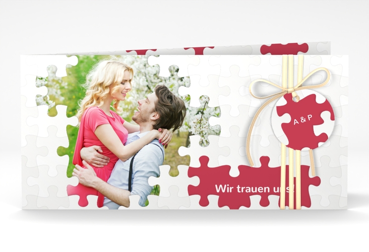 Hochzeitseinladung Puzzle lange Klappkarte quer rot