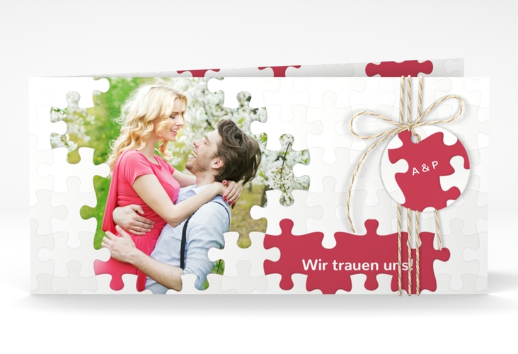 Hochzeitseinladung Puzzle lange Klappkarte quer rot