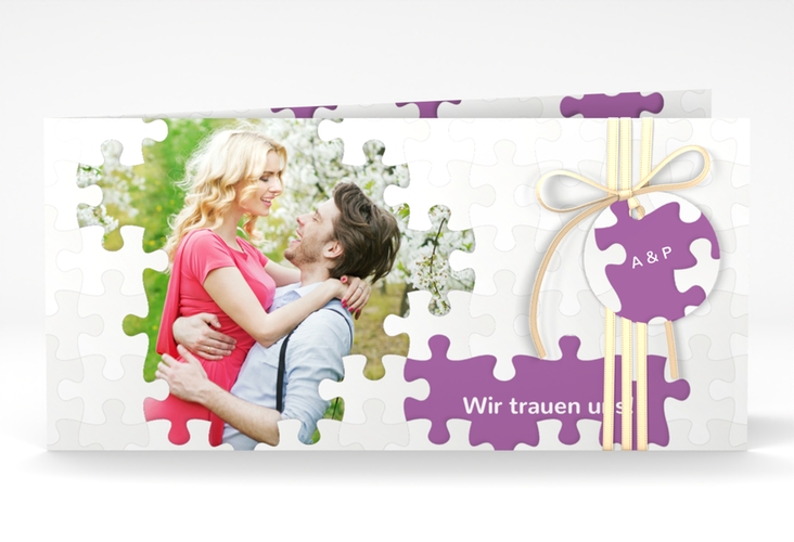 Hochzeitseinladung Puzzle lange Klappkarte quer lila