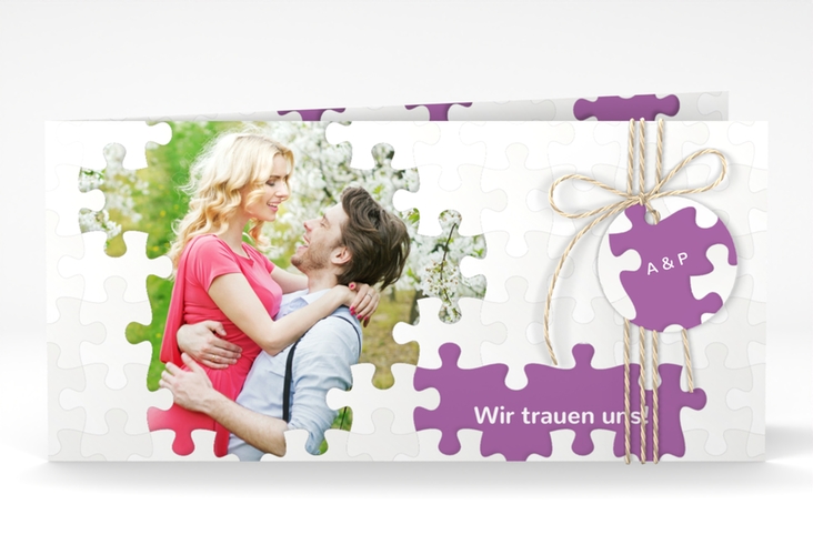 Hochzeitseinladung Puzzle lange Klappkarte quer lila