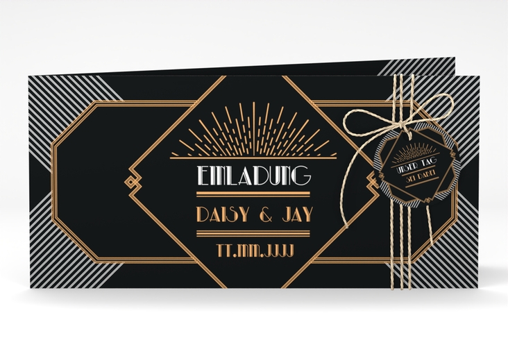 Hochzeitseinladung Gatsby lange Klappkarte quer schwarz hochglanz im glamourösen Jugendstil-Design