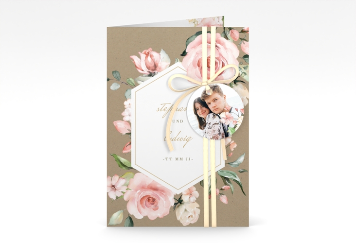 Einladungskarte Hochzeit Graceful A6 Klappkarte hoch Kraftpapier mit Rosenblüten in Rosa und Weiß